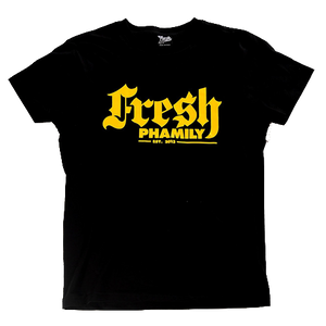 Black Yellow Script Tee from Fresh Phamily Clothing