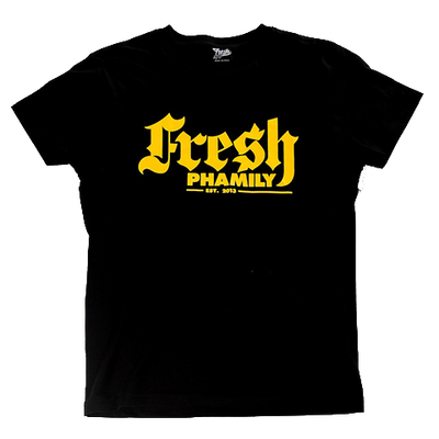 Black Yellow Script Tee from Fresh Phamily Clothing