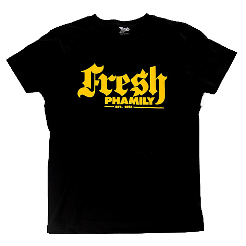 Black Yellow Script Tee from Fresh Phamily Clothing